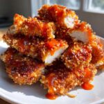 A close-up of crispy, breaded pieces of Bang Bang Chicken drizzled generously with a bright orange sauce.