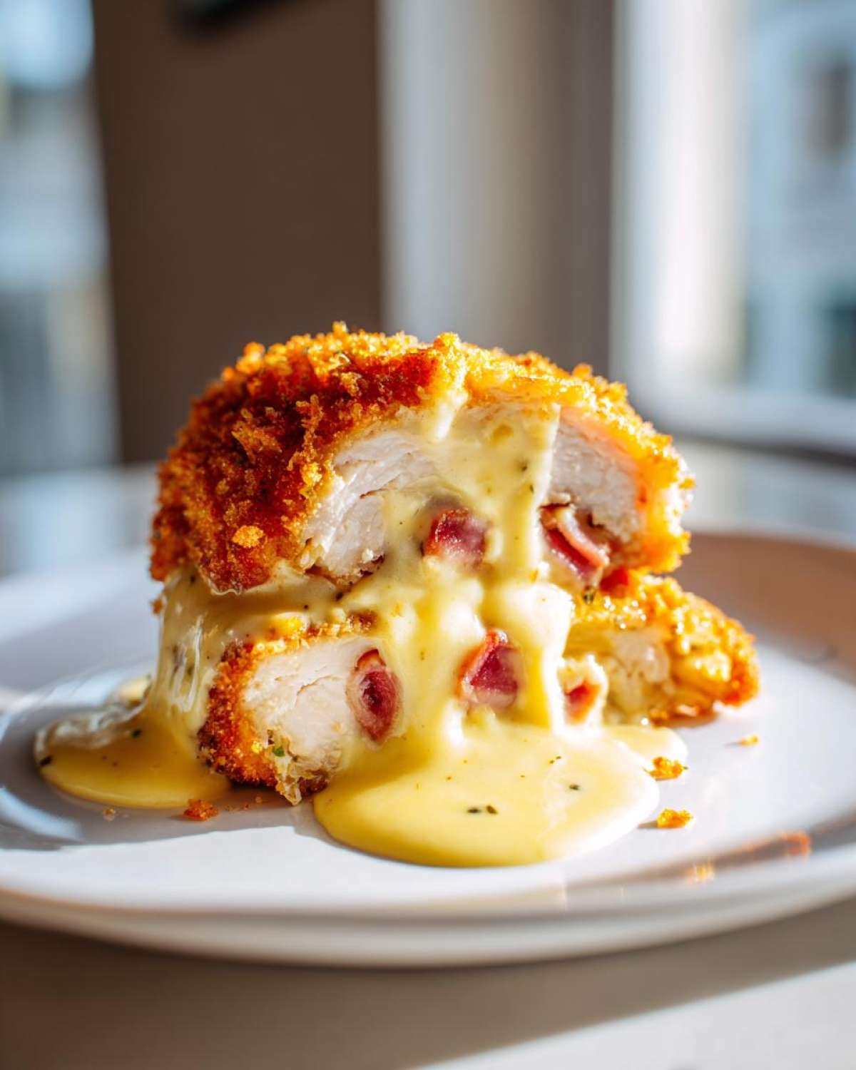 Cross-section view of crispy breaded chicken cordon bleu stuffed with ham and cheese, covered in melted cheese sauce.