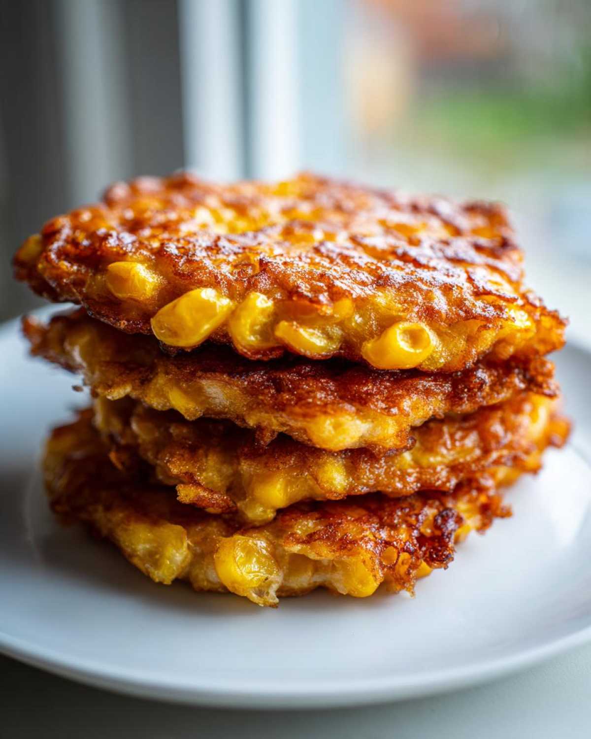 A stack of four perfectly golden brown, crispy corn fritters piled high on a white plate.