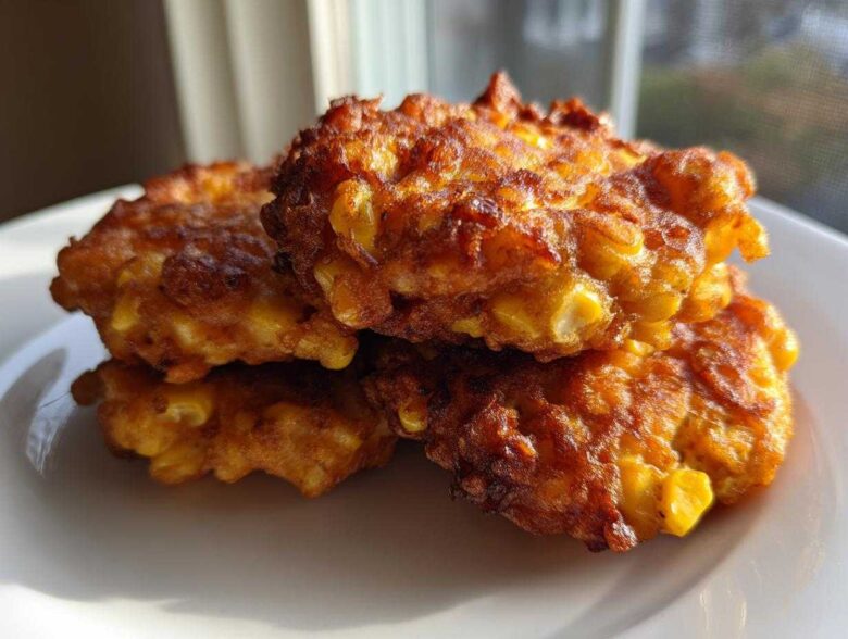 Close-up of three golden brown, crispy corn fritters stacked on a white plate, highlighting the visible corn kernels.