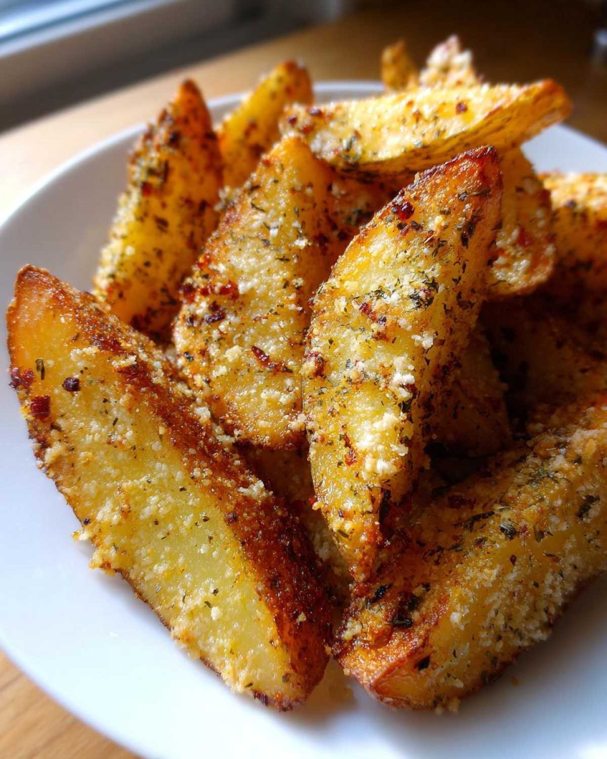 Close-up of golden brown, crispy potato wedges heavily seasoned with herbs and Parmesan cheese.