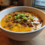A close-up of a hearty bowl of crockpot cheeseburger soup topped with ground beef and green onions.