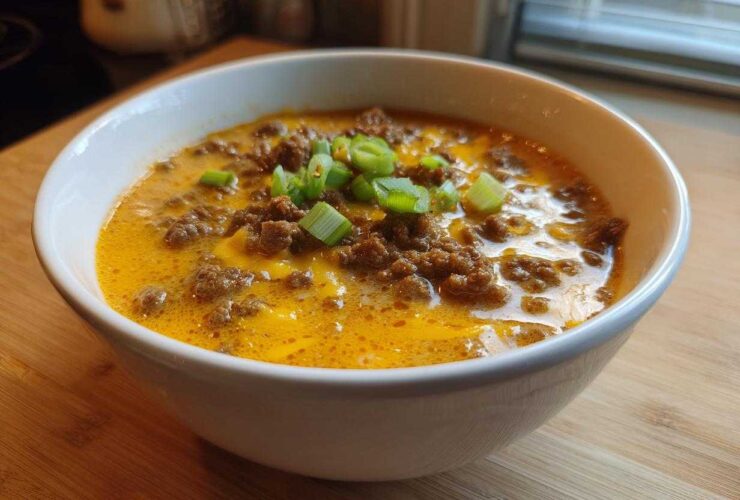 A close-up of a hearty bowl of crockpot cheeseburger soup topped with ground beef and green onions.