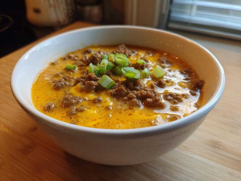 A close-up of a hearty bowl of crockpot cheeseburger soup topped with ground beef and green onions.