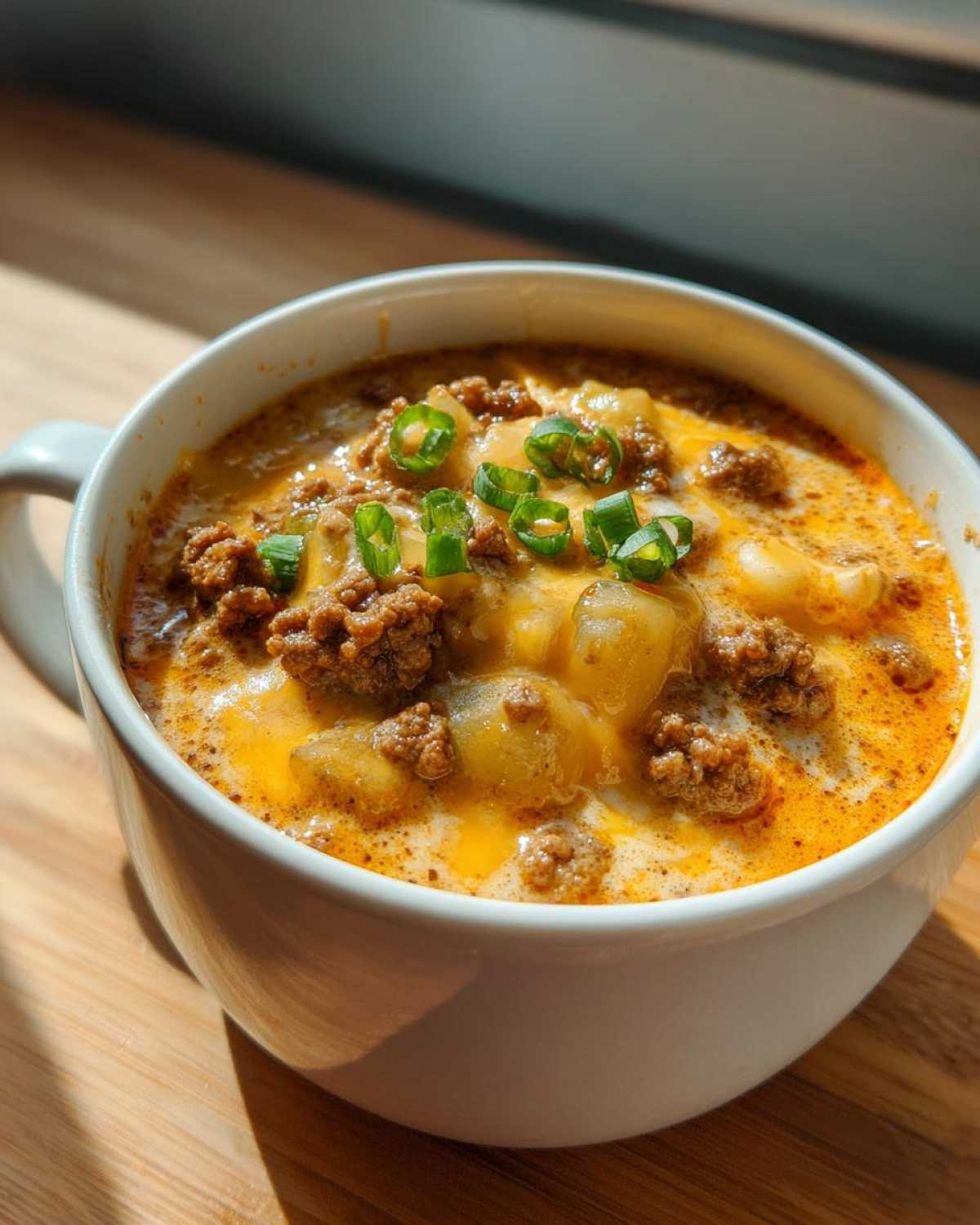 A close-up of creamy crockpot cheeseburger soup topped with ground beef, melted cheese, and green onions.