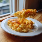 A spoonful of creamy crockpot cheesy potatoes being lifted, showing long cheese pulls over a serving on a white plate.