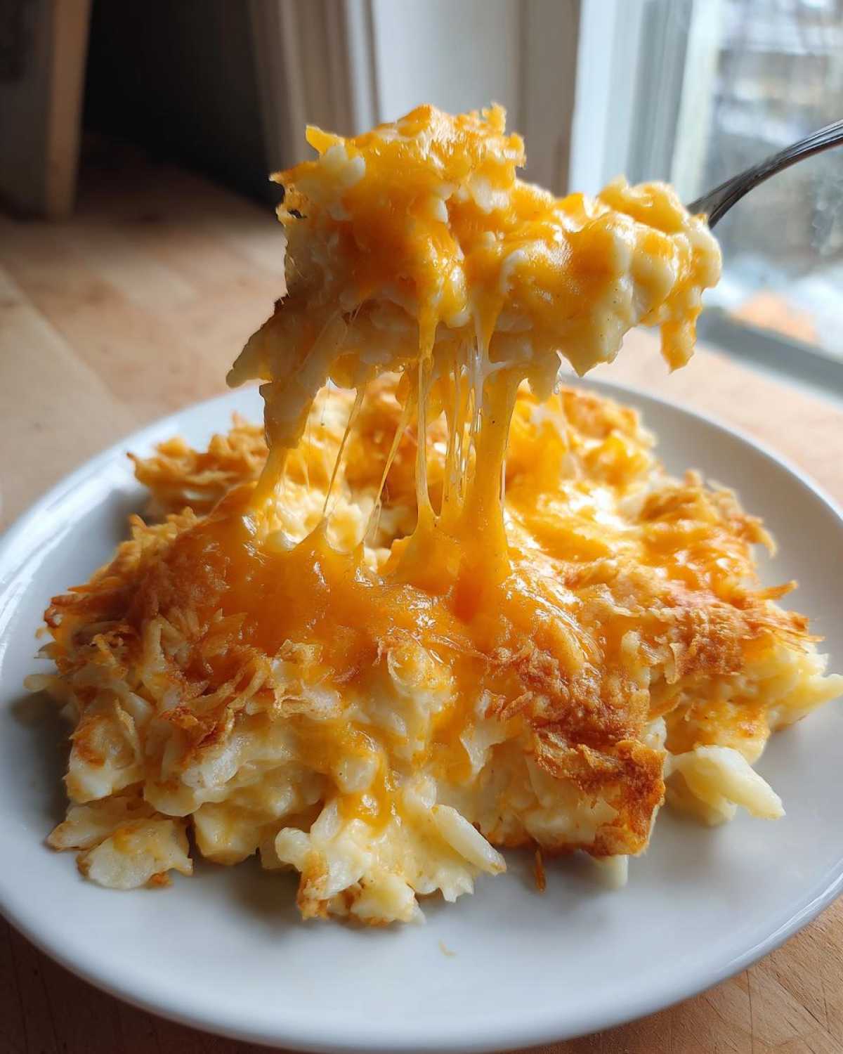 A fork lifts a cheesy portion of crockpot cheesy potatoes, showing long, gooey cheese stretches.