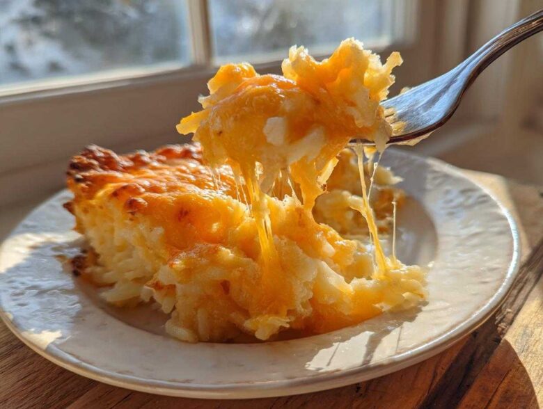 A fork lifts a cheesy, stringy bite of crockpot cheesy potatoes with a golden-brown top.