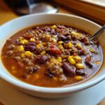 Close-up of a steaming bowl of crockpot cowboy soup, rich with ground beef, kidney beans, and corn.