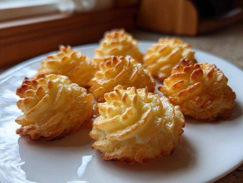 Six perfectly piped and baked duchess potatoes with golden brown, crispy edges served on a white plate.