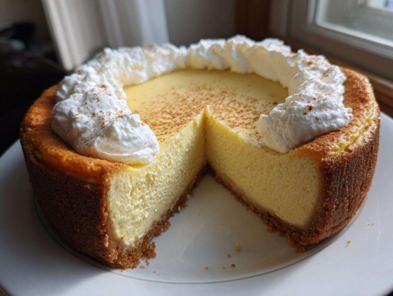 A whole eggnog cheesecake recipe with a slice removed, topped with whipped cream swirls and cinnamon.