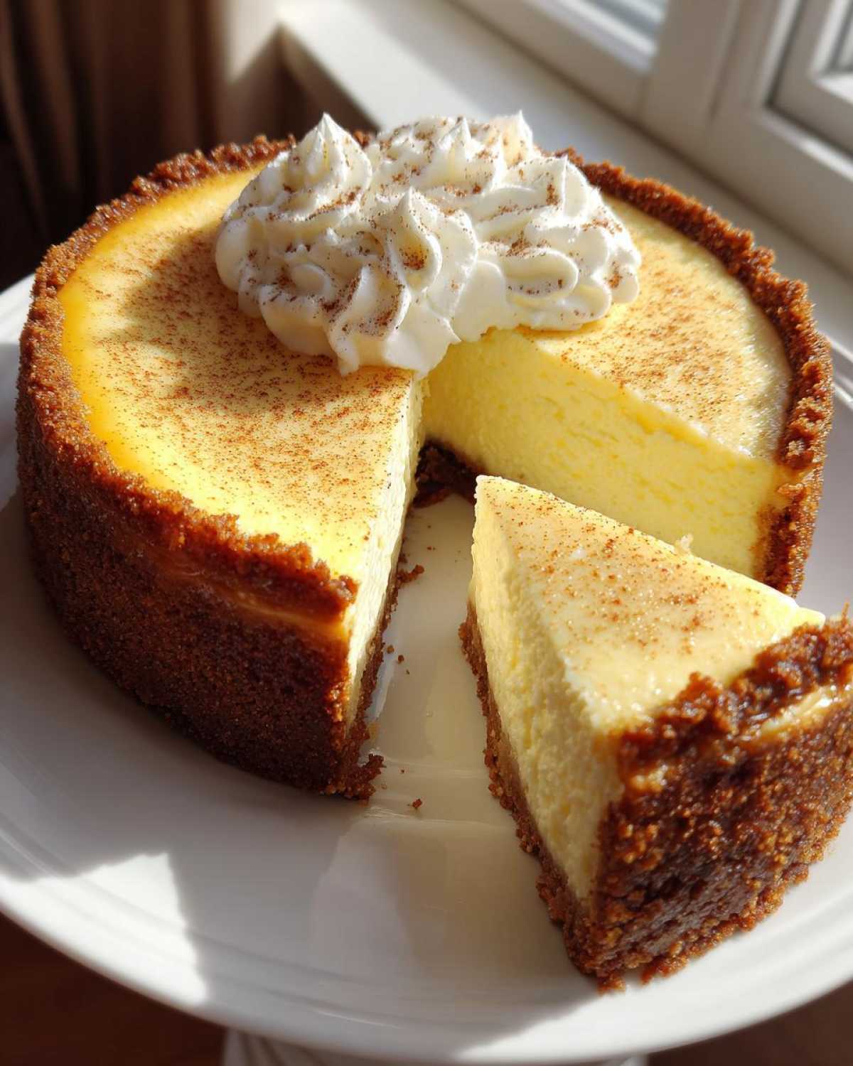 A whole eggnog cheesecake recipe dessert with one slice cut out, topped with whipped cream and cinnamon.