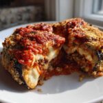 A close-up view of a serving of baked eggplant parmesan, showing melted cheese and marinara sauce.