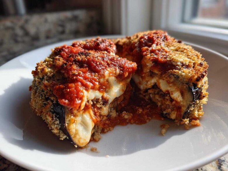 A close-up view of a serving of baked eggplant parmesan, showing melted cheese and marinara sauce.