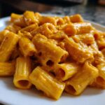 Close-up of rigatoni pasta coated in a rich, orange butternut squash pasta sauce served on a white plate.