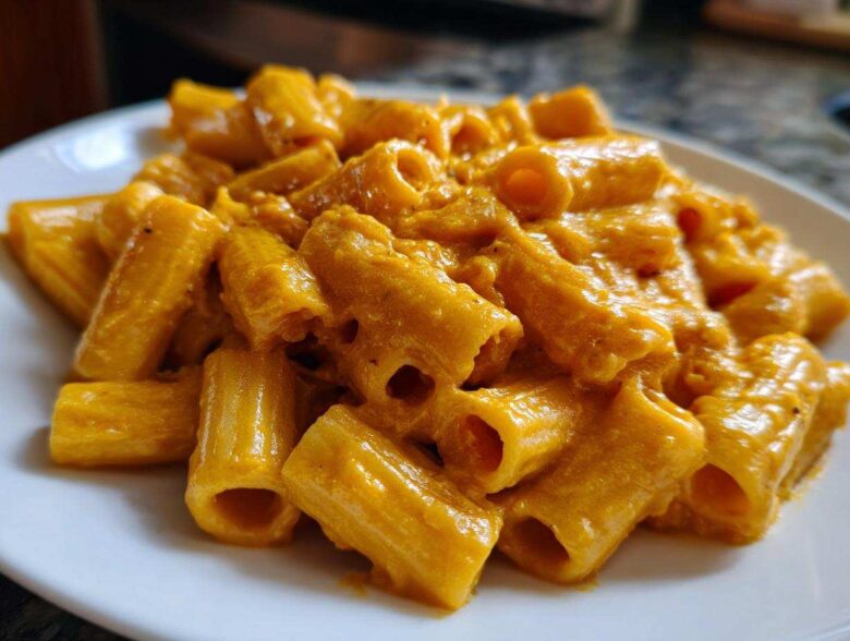 Close-up of rigatoni pasta coated in a rich, orange butternut squash pasta sauce served on a white plate.
