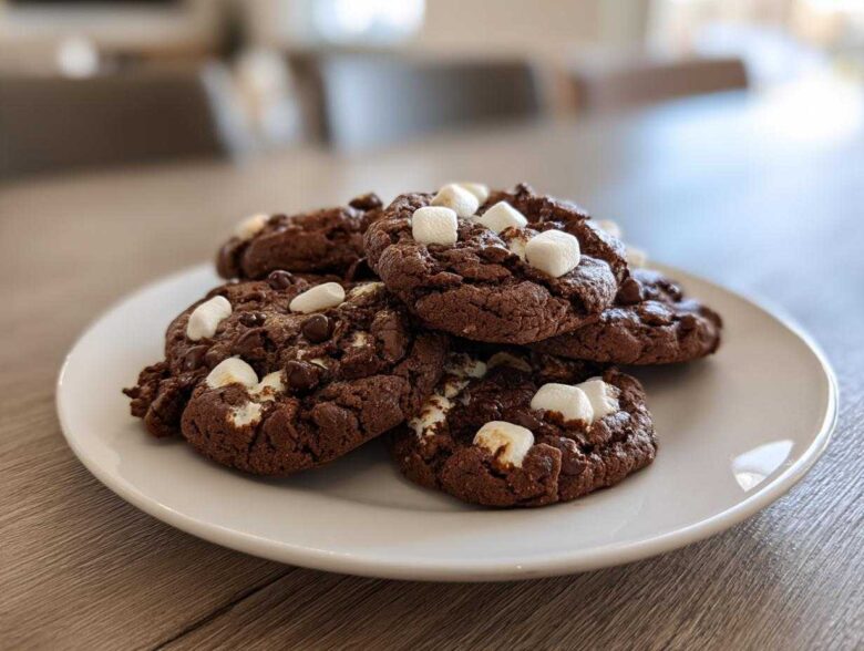 A stack of rich, dark chocolate hot chocolate cookies topped with melted chocolate chips and mini marshmallows.