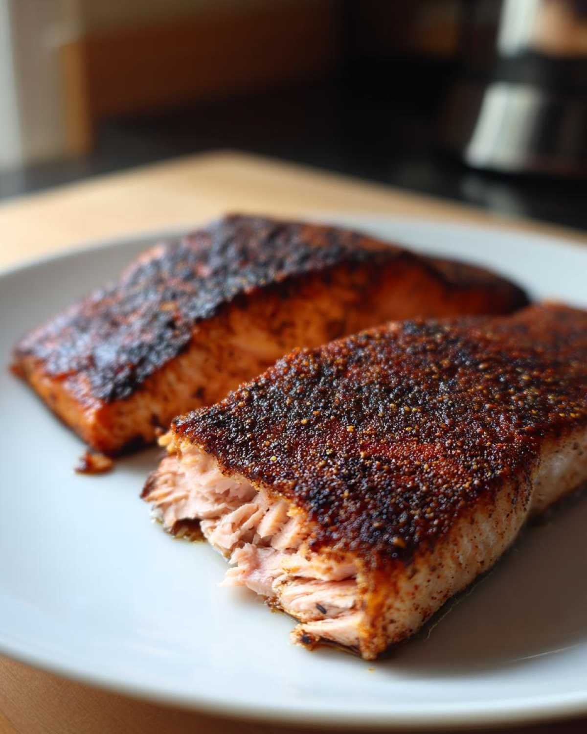 Close-up of two perfectly cooked pieces of blackened salmon, showing the flaky interior texture.