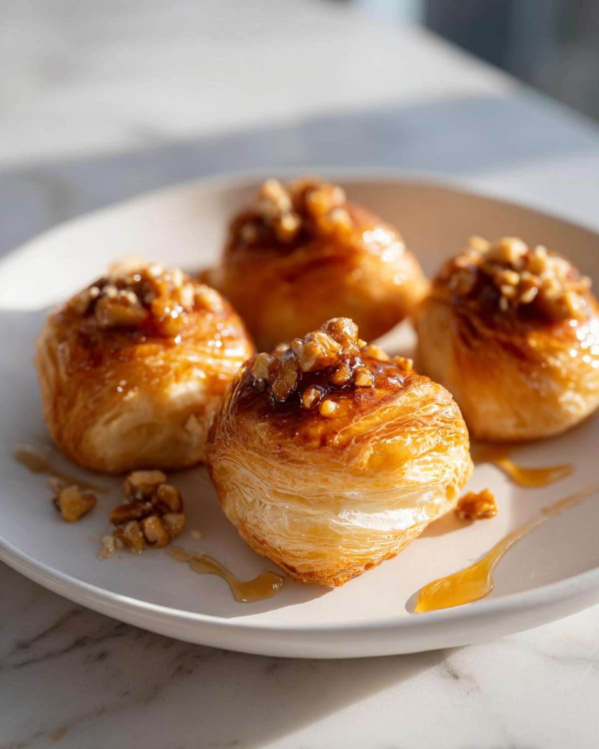 Four golden, flaky goat cheese and honey bites topped with chopped walnuts, drizzled with honey.