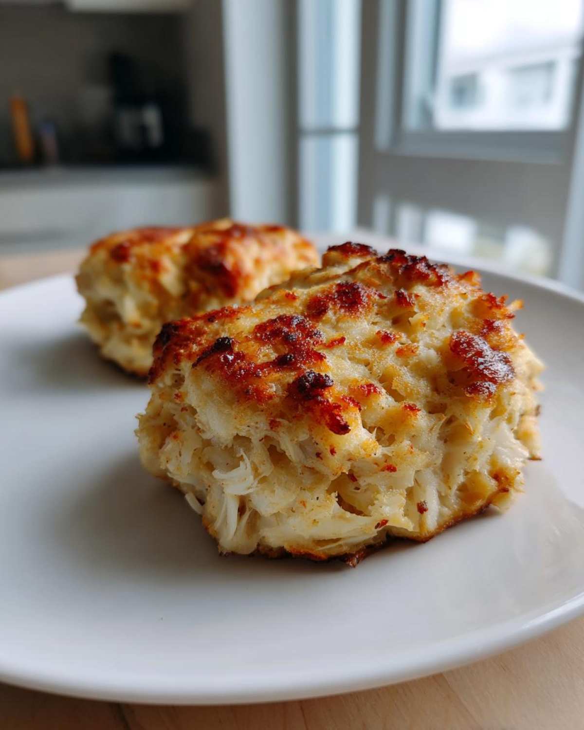 Close-up of two perfectly browned, flaky Maryland crab cakes served on a white plate.