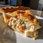 A close-up slice of turkey pot pie showing flaky crust and creamy filling with turkey, carrots, and peas.