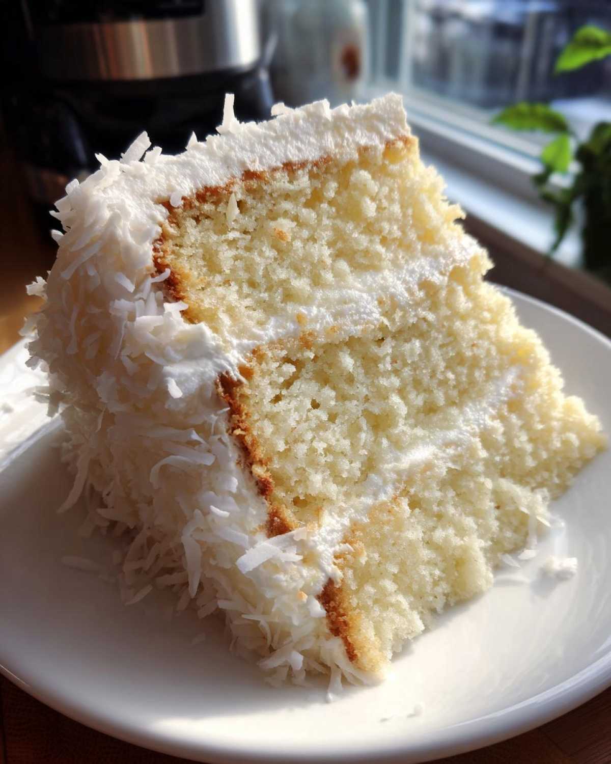 Close-up of a moist slice of coconut cake recipe covered in white frosting and shredded coconut flakes.