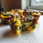 Close-up of a savory egg muffin with spinach and sausage, showing a bite taken out to reveal the fluffy interior.