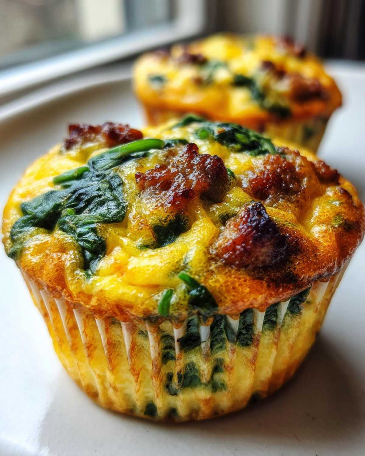 Close-up of a fluffy egg muffin topped with browned sausage pieces and vibrant green spinach.