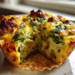 Close-up of a fluffy egg muffin with spinach and sausage, showing the soft interior texture.