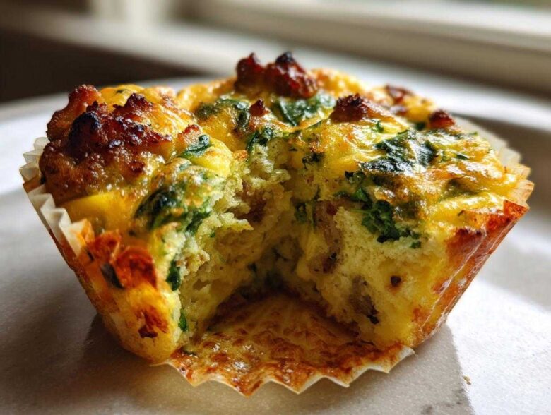 Close-up of a fluffy egg muffin with spinach and sausage, showing the soft interior texture.