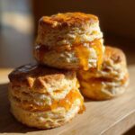 Close-up of stacked, fluffy sweet potato biscuits drizzled generously with an orange-colored glaze or jam.