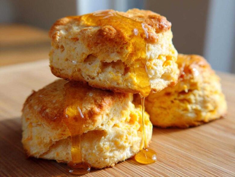 Three fluffy sweet potato biscuits stacked and drizzled generously with golden honey on a wooden surface.