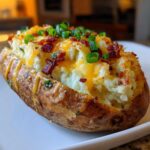 Close-up of a perfectly stuffed twice baked potato loaded with mashed potato filling, melted cheddar cheese, bacon bits, and green onions.
