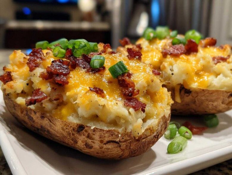 Two fluffy twice baked potatoes loaded with melted cheddar cheese, bacon bits, and green onions.