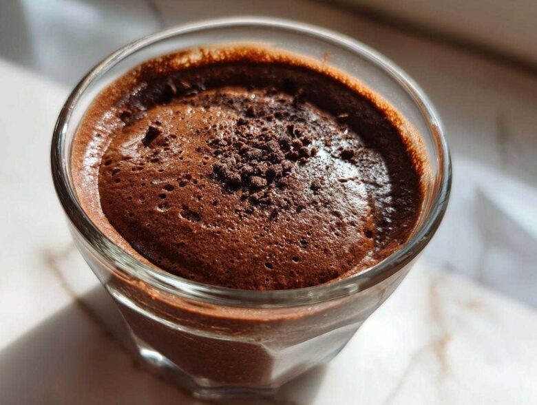 Close-up of rich, airy chocolate mousse topped with shavings in a clear glass.
