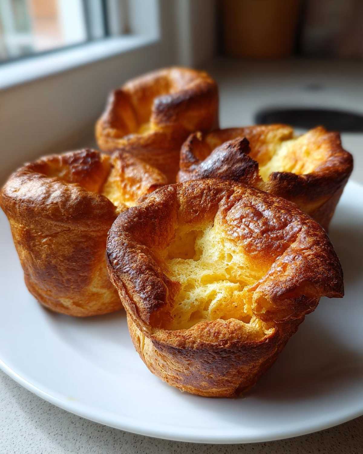 Four golden brown, perfectly risen yorkshire pudding puffs displayed on a white plate.