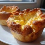 Two golden brown, perfectly risen yorkshire pudding puffs sitting on a white plate, showing their crispy edges and fluffy interior.