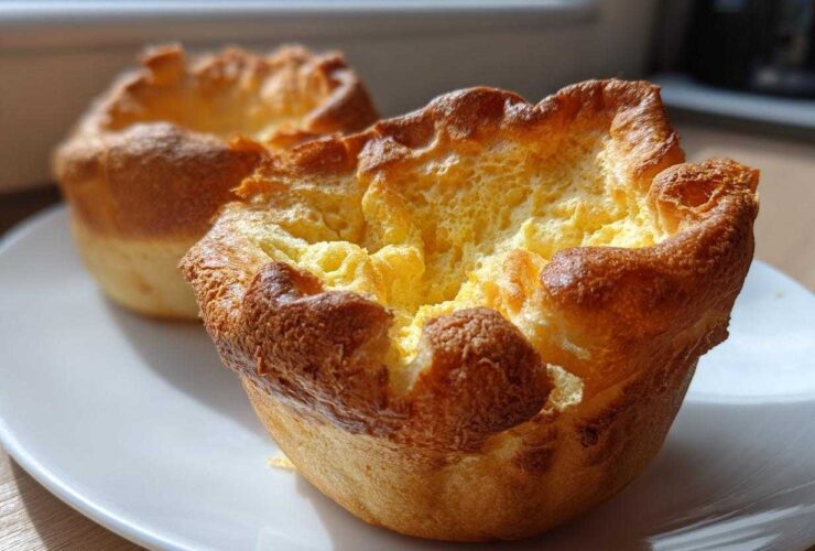 Two golden brown, perfectly risen yorkshire pudding puffs sitting on a white plate, showing their crispy edges and fluffy interior.