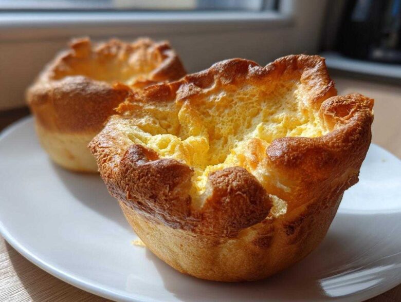 Two golden brown, perfectly risen yorkshire pudding puffs sitting on a white plate, showing their crispy edges and fluffy interior.