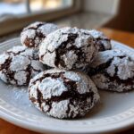A stack of fudgy chocolate crinkle cookies heavily dusted with white powdered sugar on a white plate.