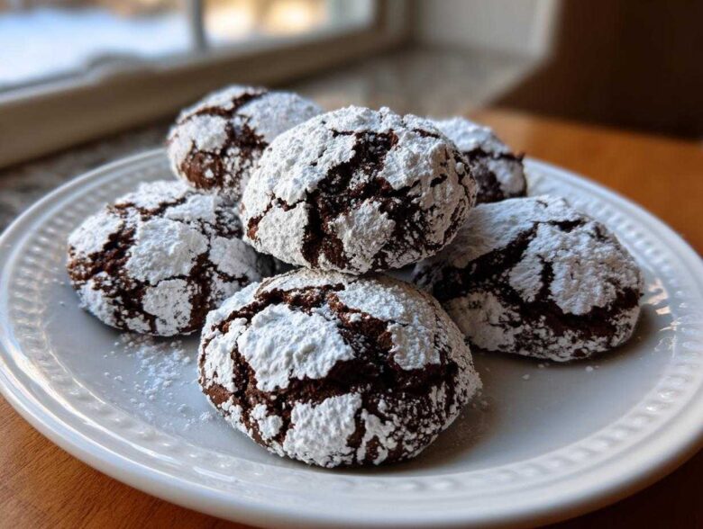 A stack of fudgy chocolate crinkle cookies heavily dusted with white powdered sugar on a white plate.