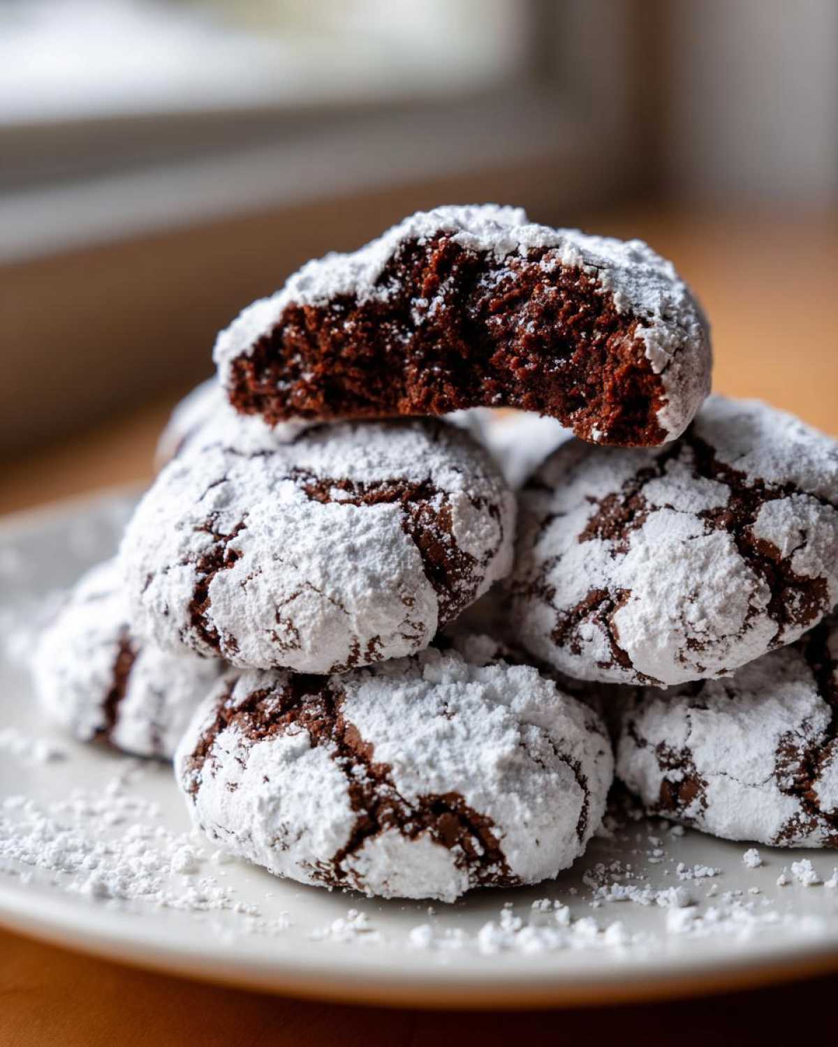 A stack of fudgy chocolate crinkle cookies generously dusted with powdered sugar, one cookie is broken open.