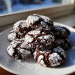 A stack of rich, dark chocolate crinkle cookies heavily dusted with white powdered sugar, sitting on a white plate.