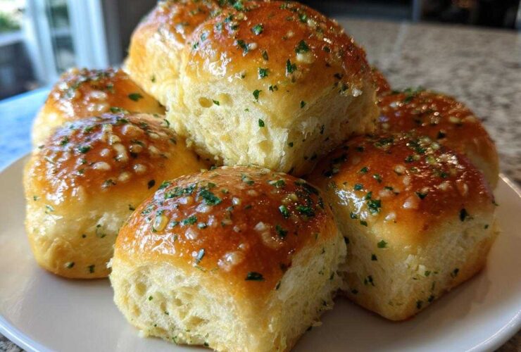 A stack of golden brown sourdough discard rolls brushed with garlic butter and sprinkled with parsley.