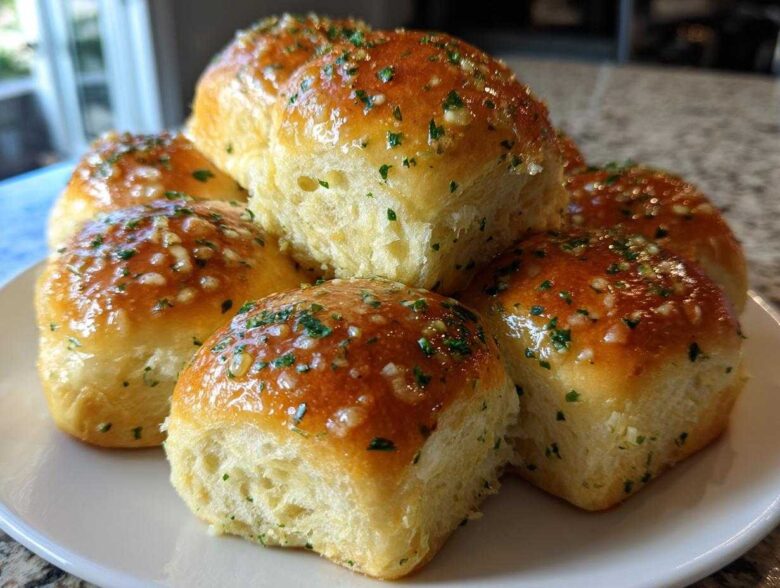 A stack of golden brown sourdough discard rolls brushed with garlic butter and sprinkled with parsley.