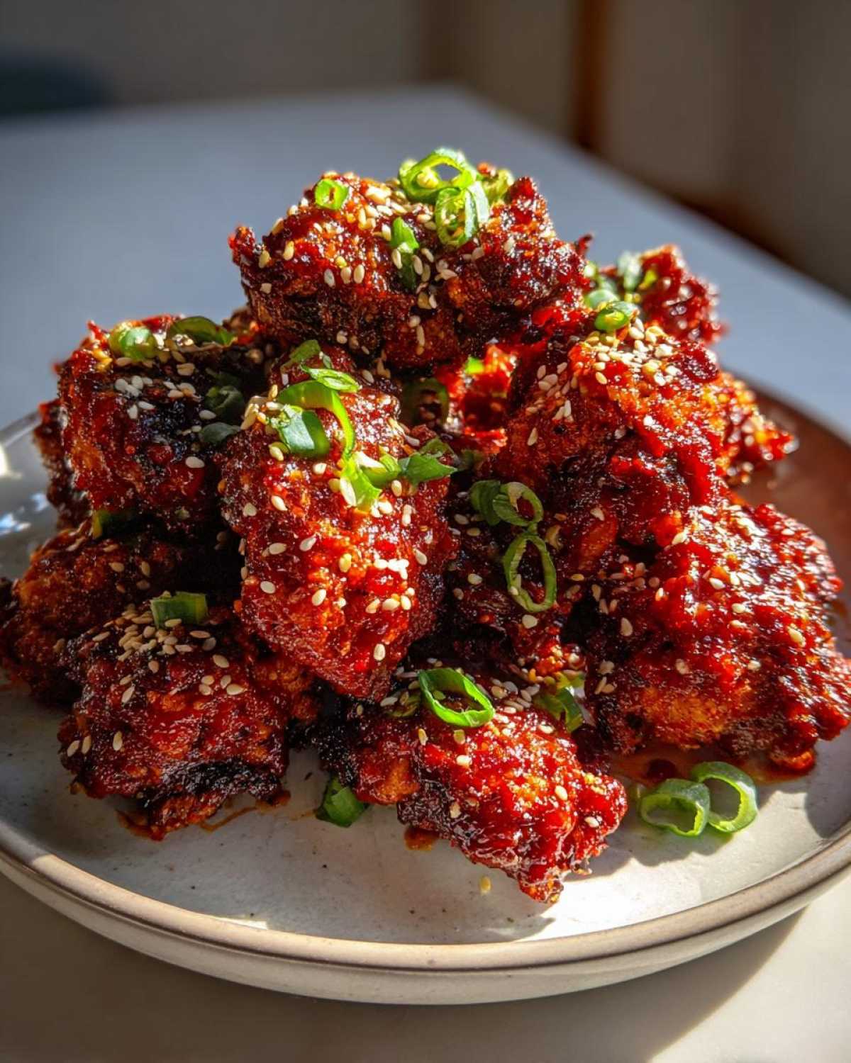 A pile of crispy, glazed korean fried chicken recipe pieces topped with sesame seeds and green onions.