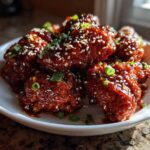Close-up of crispy, glazed korean fried chicken recipe pieces topped with sesame seeds and green onions.