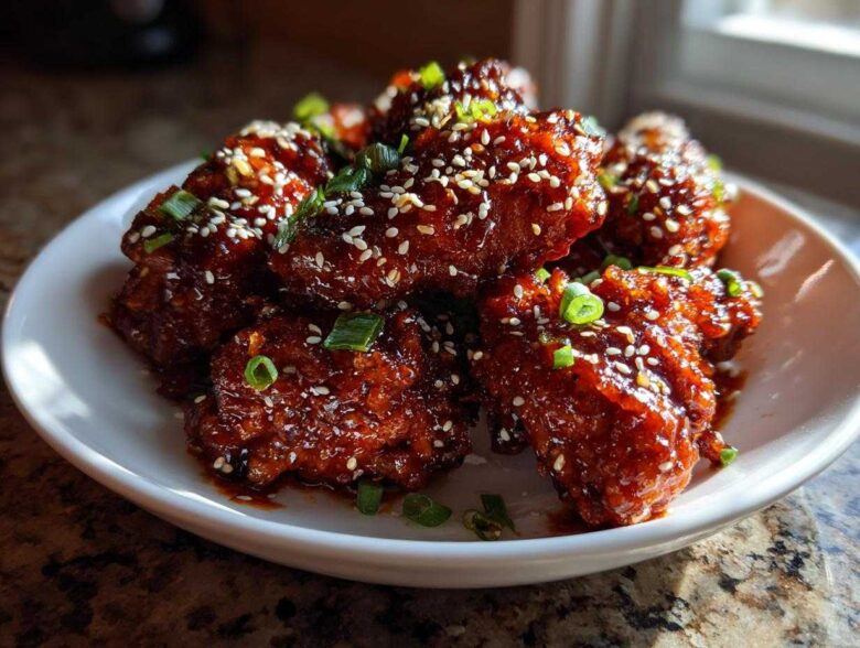 Close-up of crispy, glazed korean fried chicken recipe pieces topped with sesame seeds and green onions.