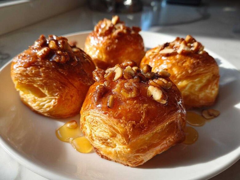 Four golden, flaky pastries topped with honey glaze and chopped nuts, resembling goat cheese and honey bites.