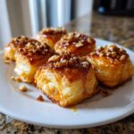 Five flaky pastry bites topped with honey glaze and chopped nuts, resembling goat cheese and honey bites.